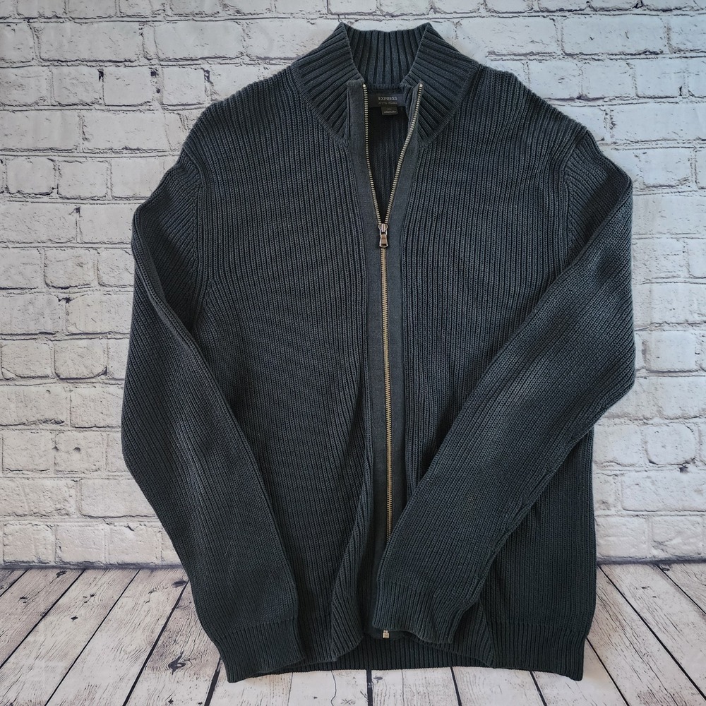 Express Mens XL Dark Grey 100% Cotton Ribbed Full Zip Y2K Cardigan Sweater